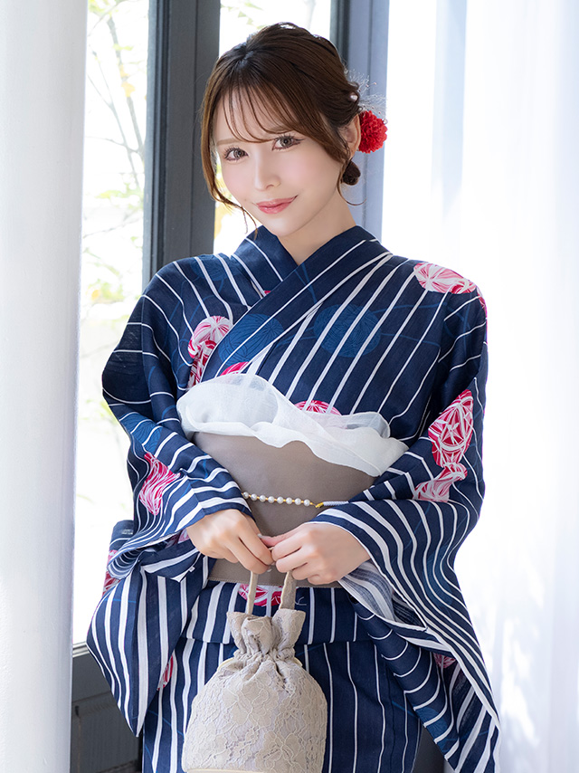 浴衣 紺地 縦縞 手毬柄 ゆかた3点SETのイメージ画像6