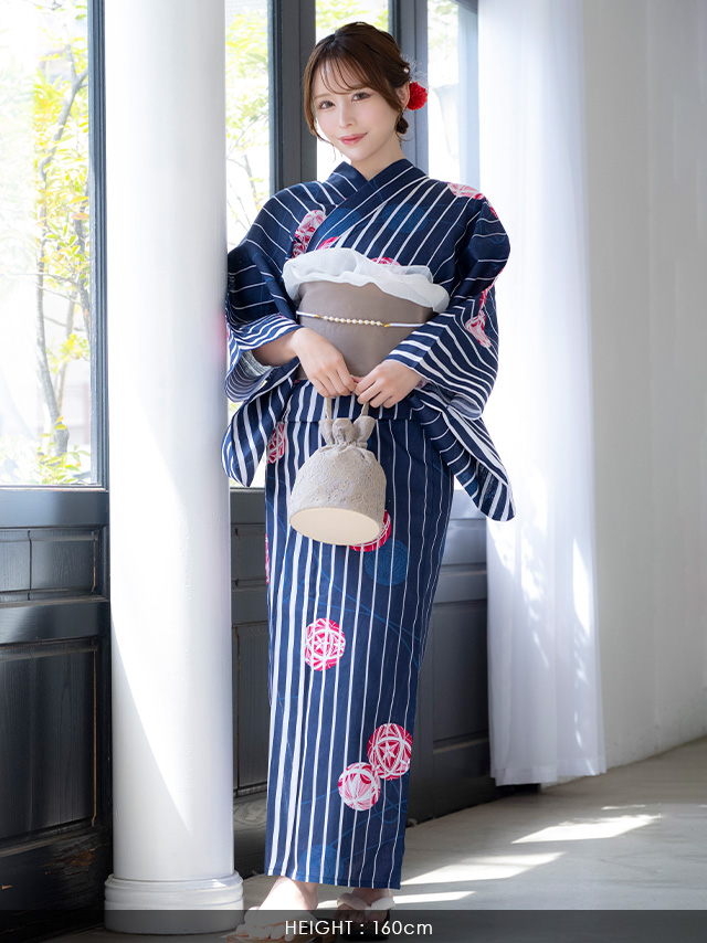 浴衣 紺地 縦縞 手毬柄 ゆかた3点SETのイメージ画像7