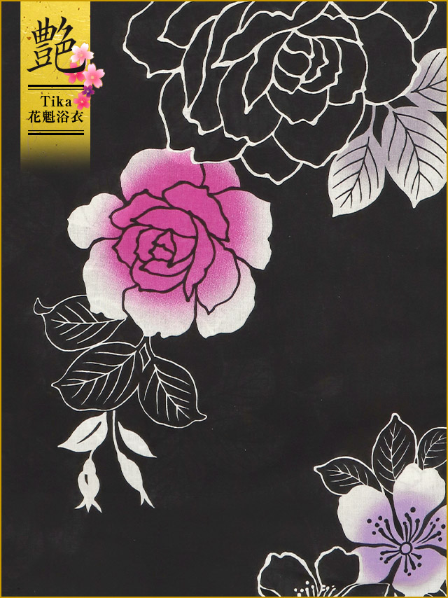 花魁風黒色×グラデーション薔薇柄花魁ゆかた5点SETのフロント画像