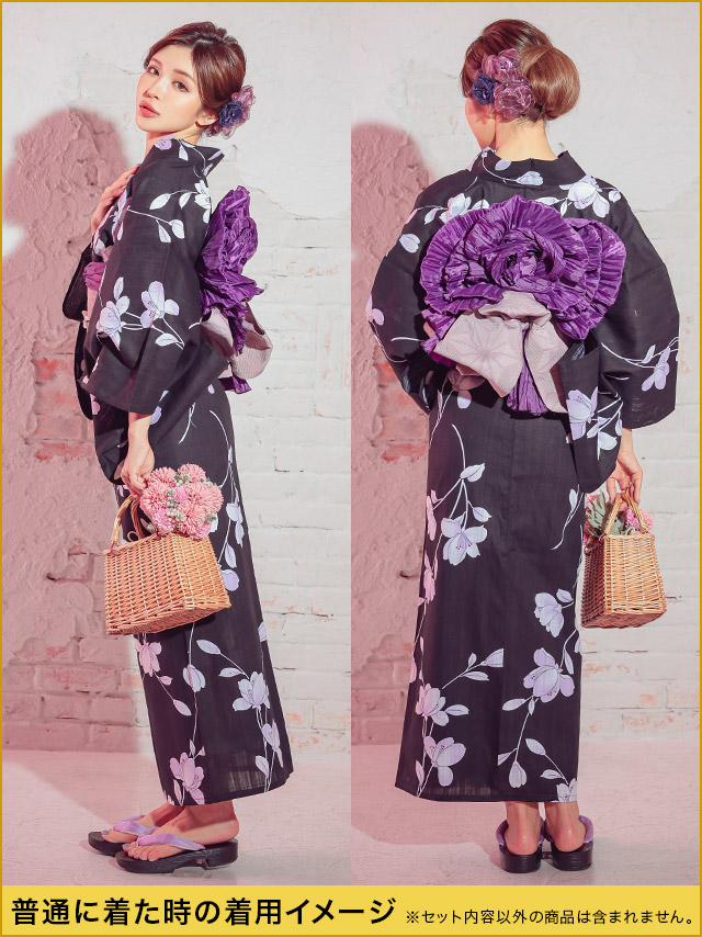 花魁風黒色×紫アヤメ柄花魁ゆかた5点SETの帯アップ画像