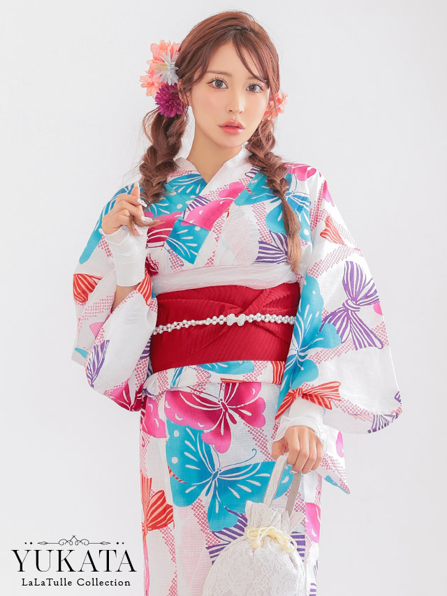 白地 レトロ カラフル 蝶柄 個性的 ゆかた2点SETのイメージ画像1