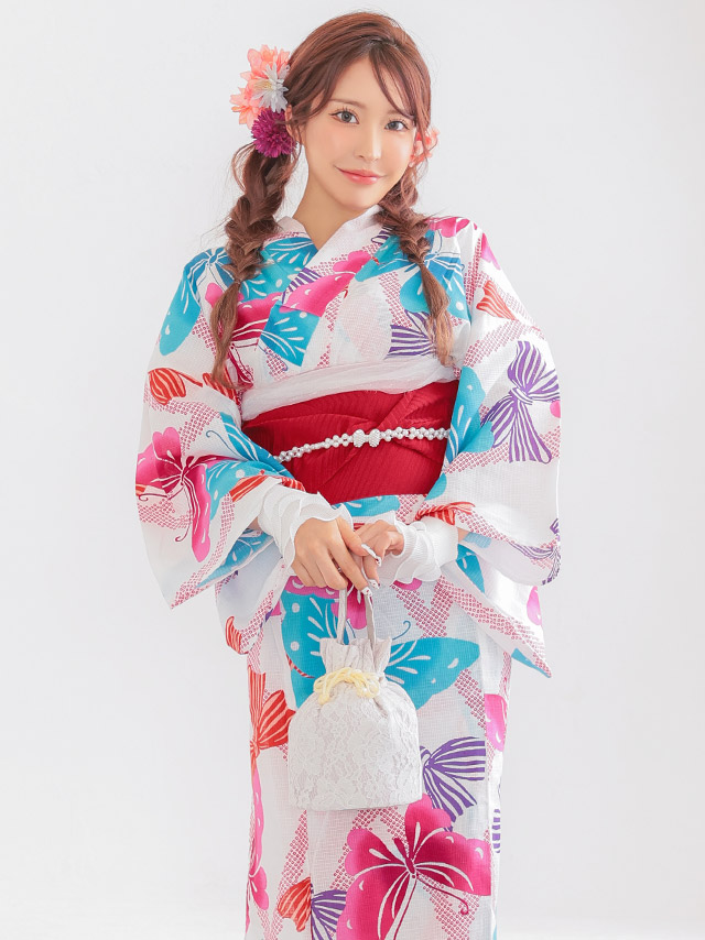白地 レトロ カラフル 蝶柄 個性的 ゆかた2点SETのイメージ画像3