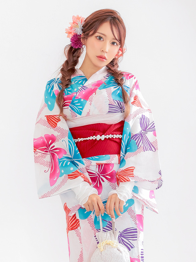 白地 レトロ カラフル 蝶柄 個性的 ゆかた2点SETのイメージ画像4