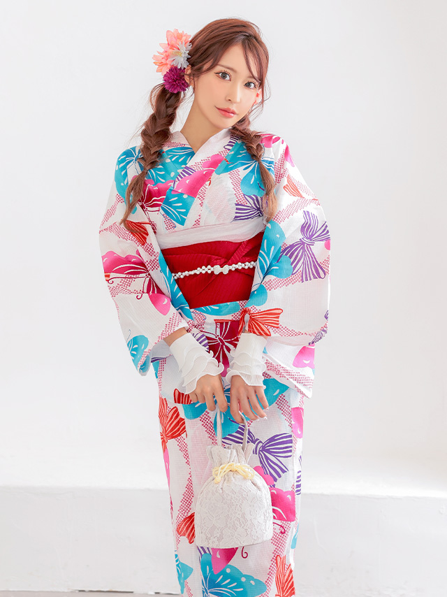 白地 レトロ カラフル 蝶柄 個性的 ゆかた2点SETのイメージ画像5