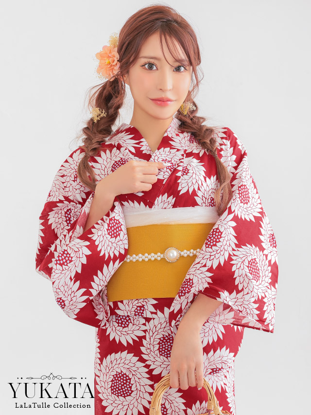 赤地 レトロ モダン 白 向日葵柄 個性的 ゆかた3点SETのイメージ画像1