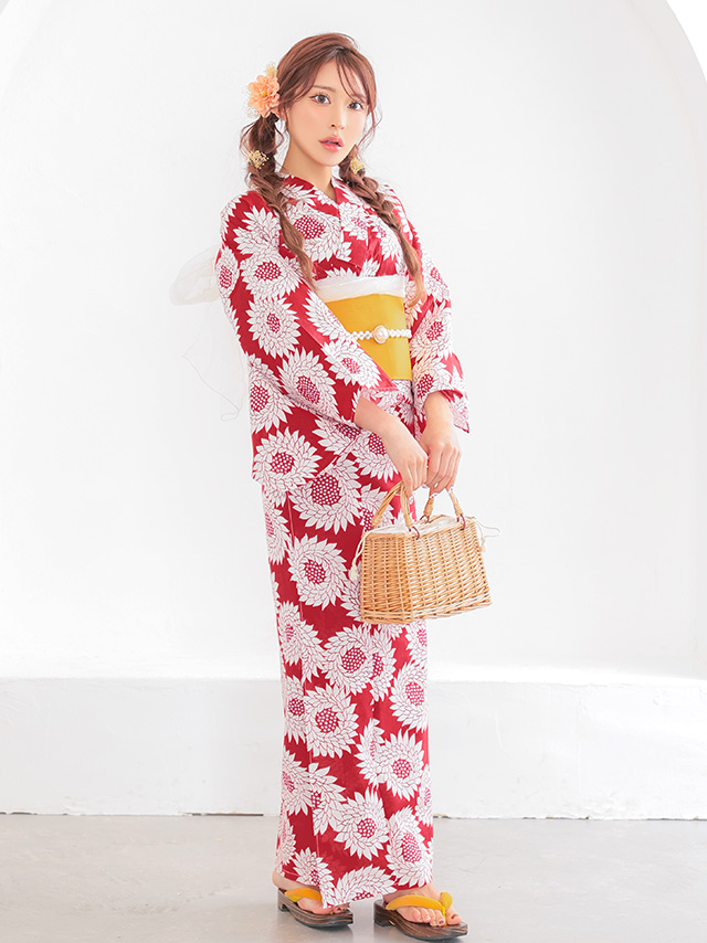 赤地 レトロ モダン 白 向日葵柄 個性的 ゆかた3点SETのイメージ画像3