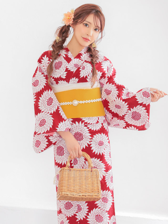赤地 レトロ モダン 白 向日葵柄 個性的 ゆかた3点SETのイメージ画像4