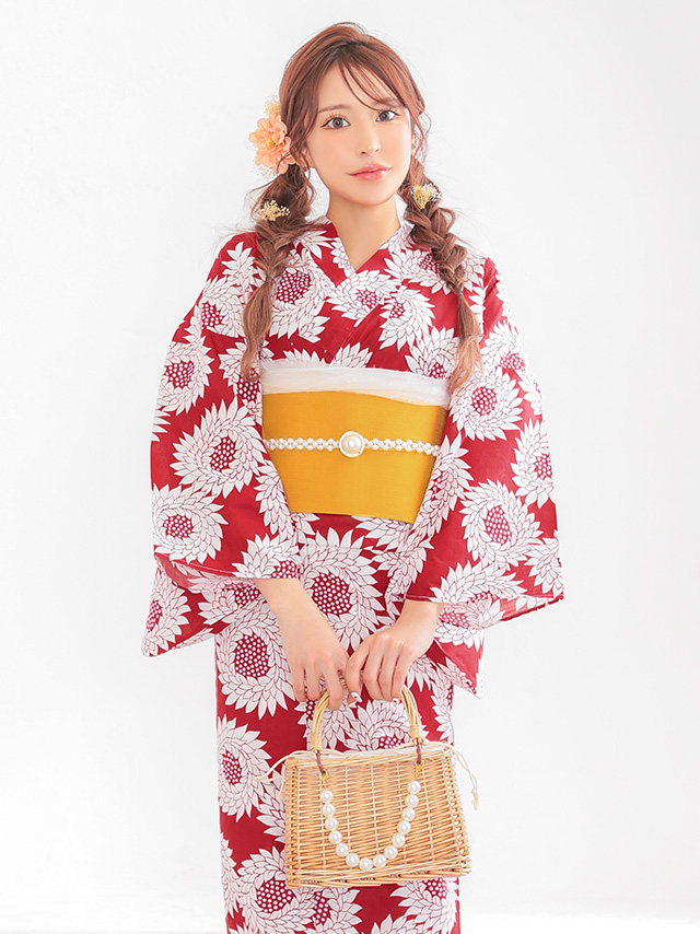 赤地 レトロ モダン 白 向日葵柄 個性的 ゆかた3点SETのイメージ画像5