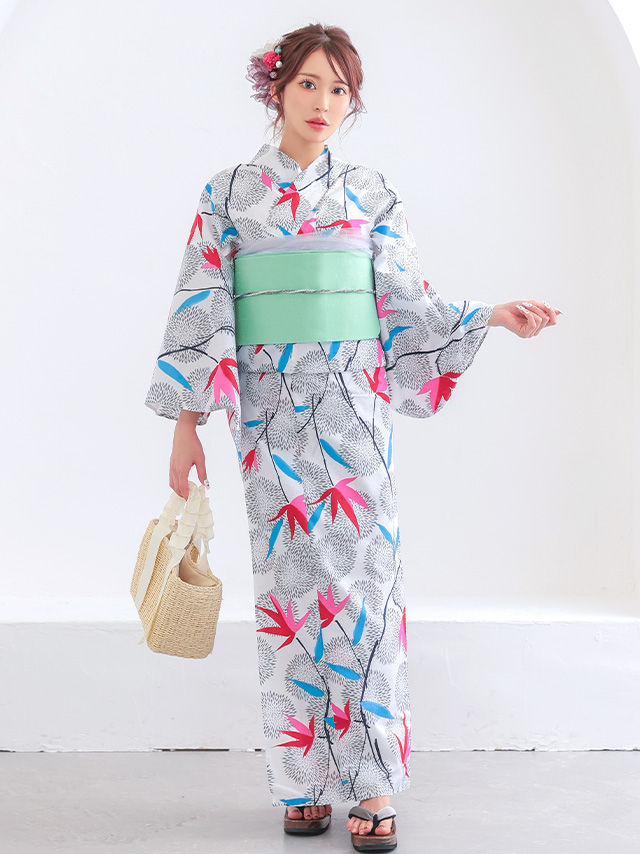 浴衣 白地 レトロ モダン 菊柄 個性的 ゆかた2点SETのイメージ画像3
