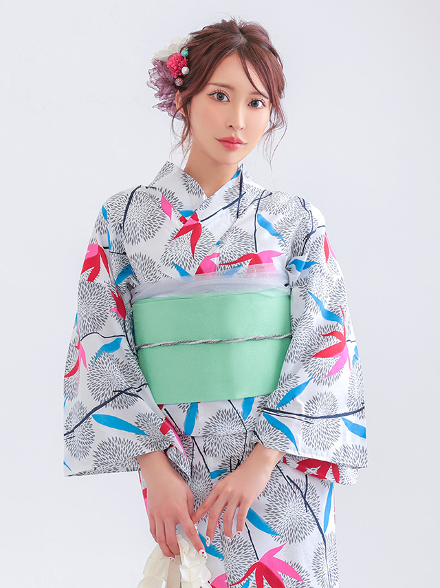 浴衣 白地 レトロ モダン 菊柄 個性的 ゆかた2点SETのイメージ画像4