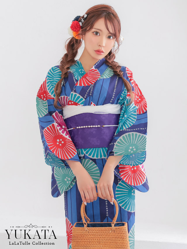 青地 レトロ モダン ストライプ 菊柄 個性的 ゆかた2点SETのイメージ画像1
