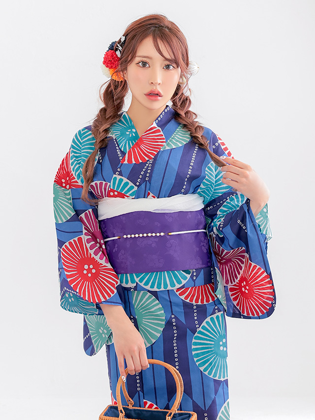青地 レトロ モダン ストライプ 菊柄 個性的 ゆかた2点SETのイメージ画像3