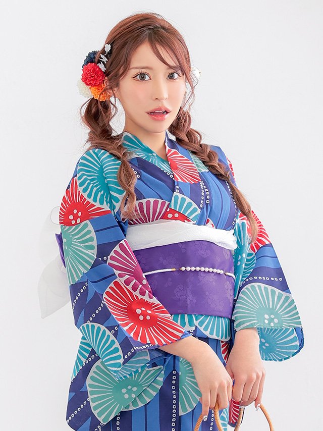 青地 レトロ モダン ストライプ 菊柄 個性的 ゆかた2点SETのイメージ画像4