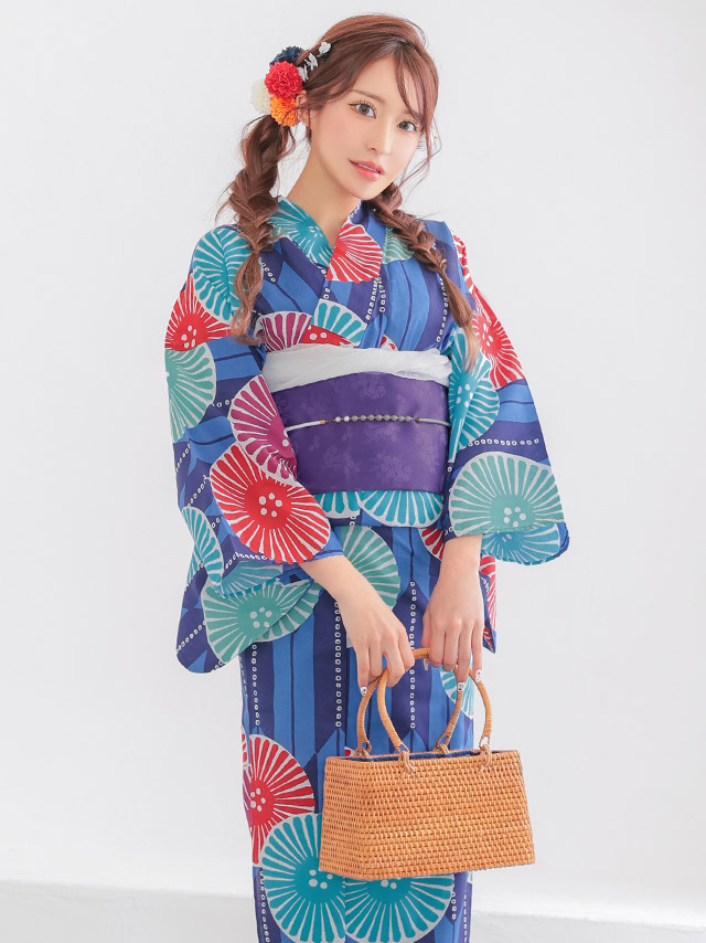青地 レトロ モダン ストライプ 菊柄 個性的 ゆかた2点SETのイメージ画像5