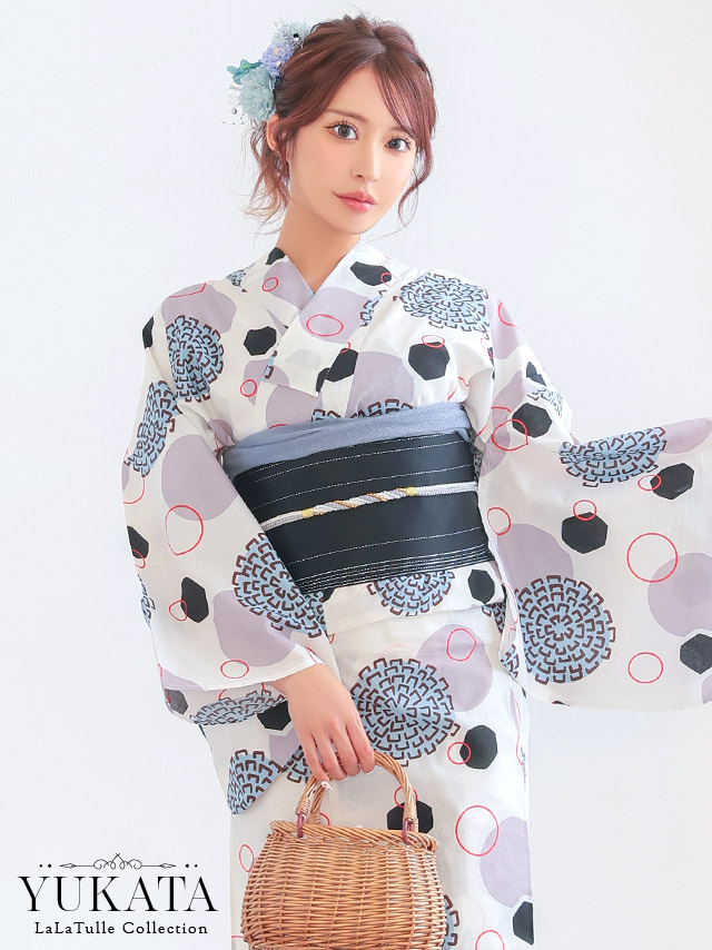 白地 レトロ モダン 幾何学柄 個性的 ゆかた2点SETのイメージ画像1