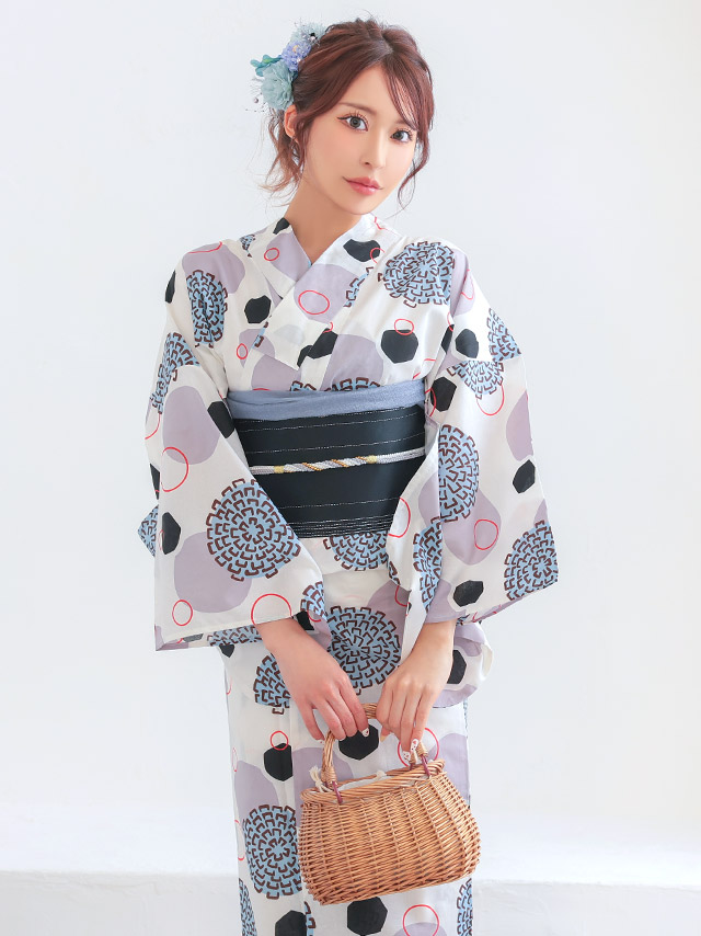 白地 レトロ モダン 幾何学柄 個性的 ゆかた2点SETのイメージ画像3