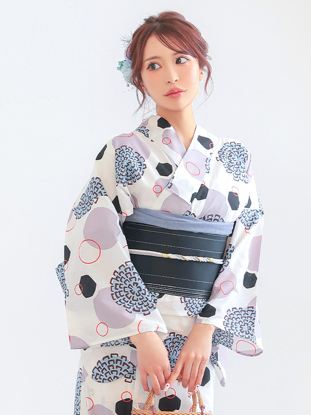 白地 レトロ モダン 幾何学柄 個性的 ゆかた2点SETのイメージ画像4