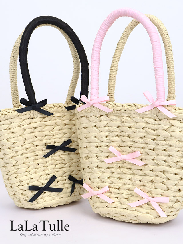 小物 リボン ガーリー ショルダー付き 2Way ミニかごバッグのイメージ画像1