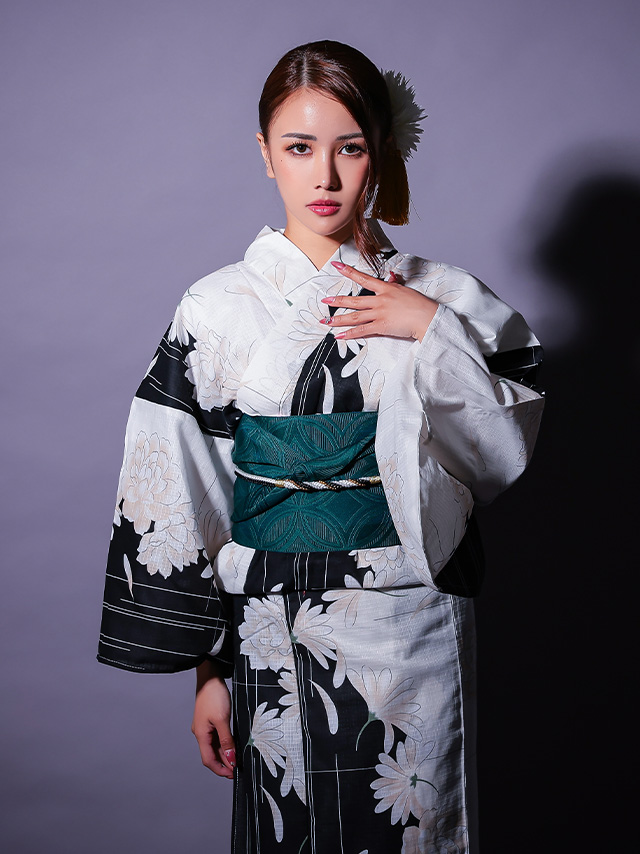 [LaLaTulle select][平帯or作り帯]菊と牡丹柄 ゆかた3点SET
