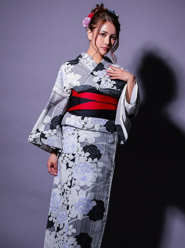 浴衣 グレー地 モノトーン 薔薇柄 ゆかた3点SETのイメージ画像5