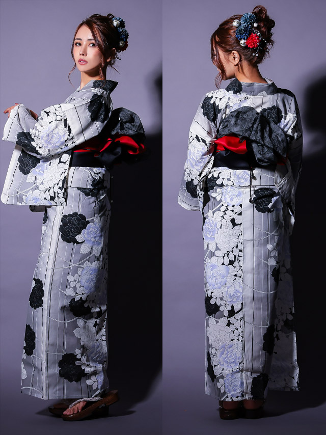 浴衣 グレー地 モノトーン 薔薇柄 ゆかた3点SETのイメージ画像8