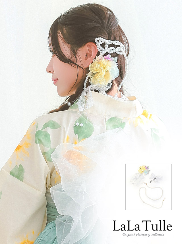 髪飾り しだれ パール シフォン素材 フラワー レース ヘアアクセサリー 3点セットのメイン画像