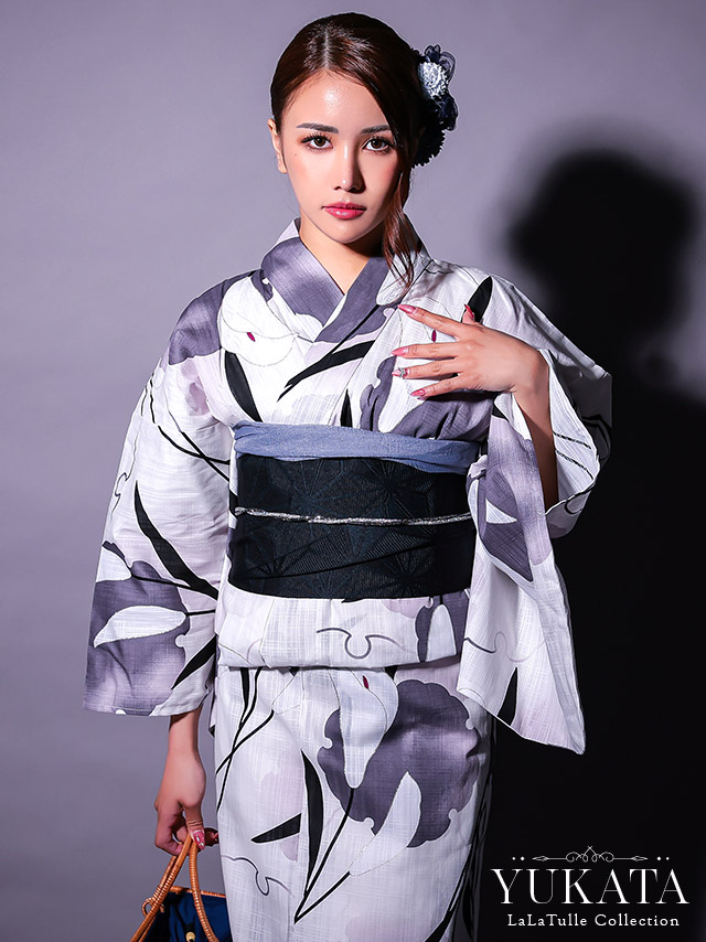 浴衣 白地 水墨柄 モノトーン ゆかた3点SETのイメージ画像1