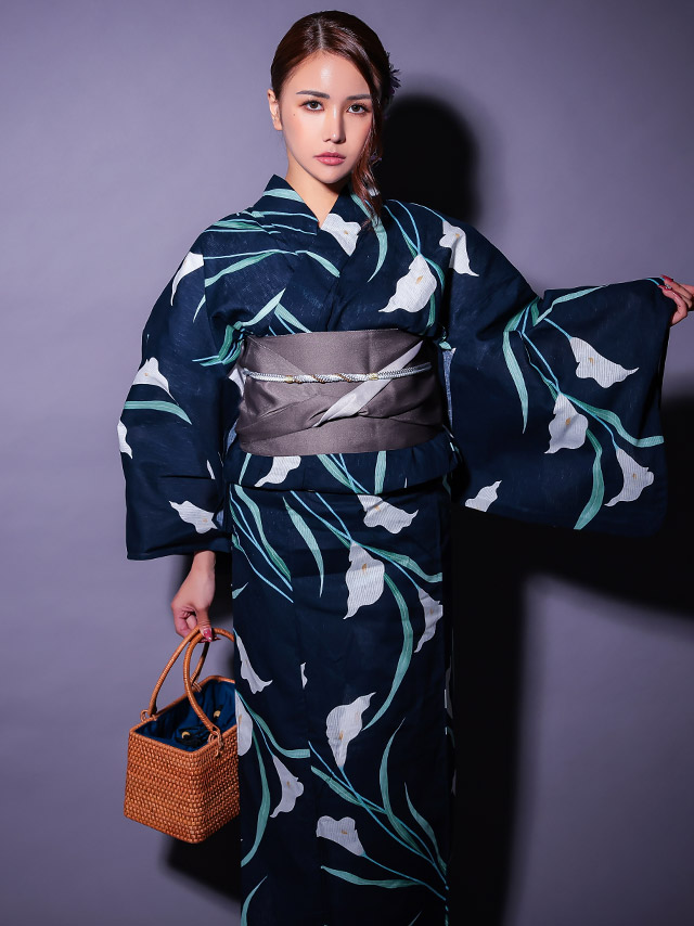 濃紺地 粋 菖蒲 リーフ ゆかた3点SETのイメージ画像5