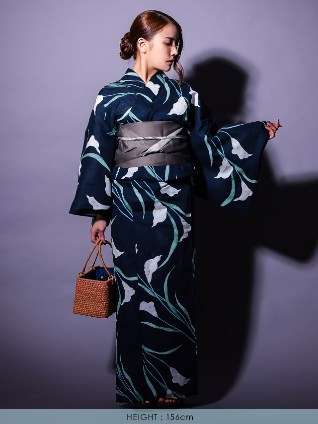 濃紺地 粋 菖蒲 リーフ ゆかた3点SETのイメージ画像6