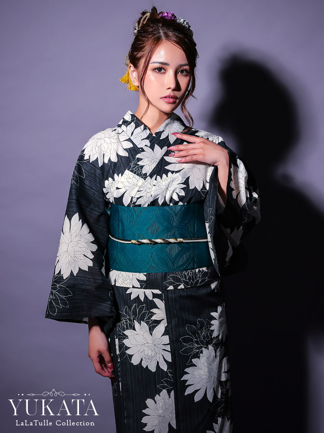 セパレート 黒地 粋 白 ダリア ゆかた3点SETのイメージ画像1