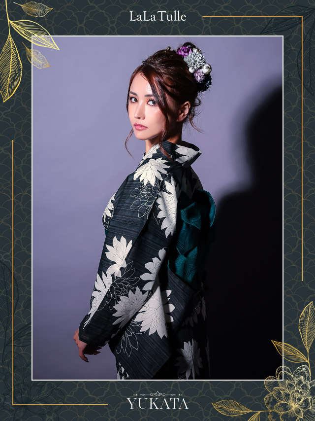 セパレート 黒地 粋 白 ダリア ゆかた3点SETのイメージ画像2
