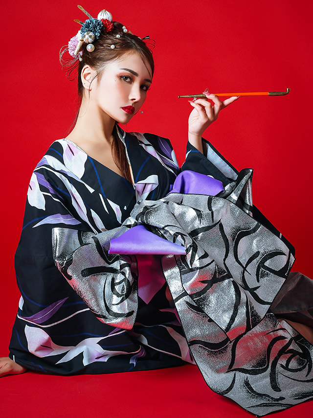 花魁風紺×菖蒲柄花魁ゆかた5点SETのイメージ画像1