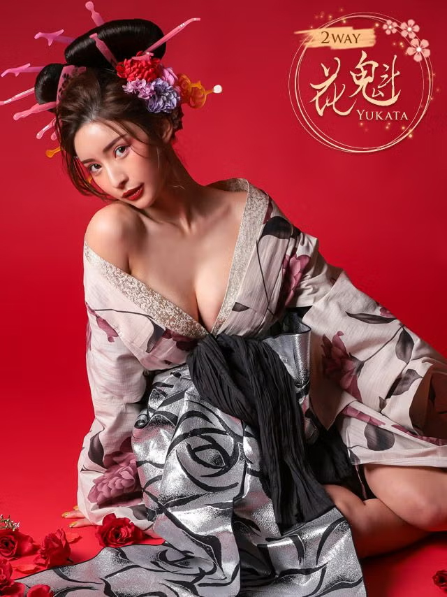 花魁風ベージュ×アンティーク調花柄花魁ゆかた5点SETのメイン画像