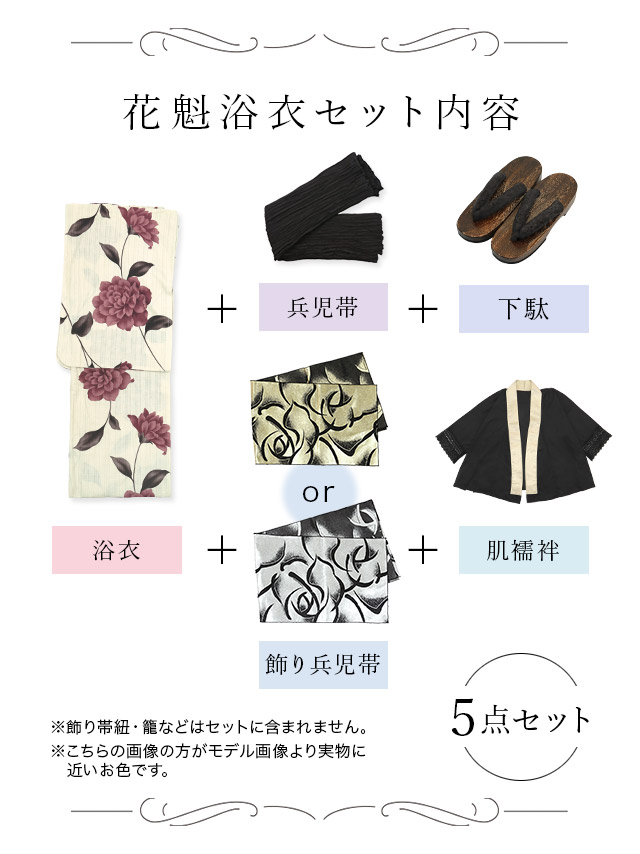 花魁風ベージュ×アンティーク調花柄花魁ゆかた5点SETのセット内容表
