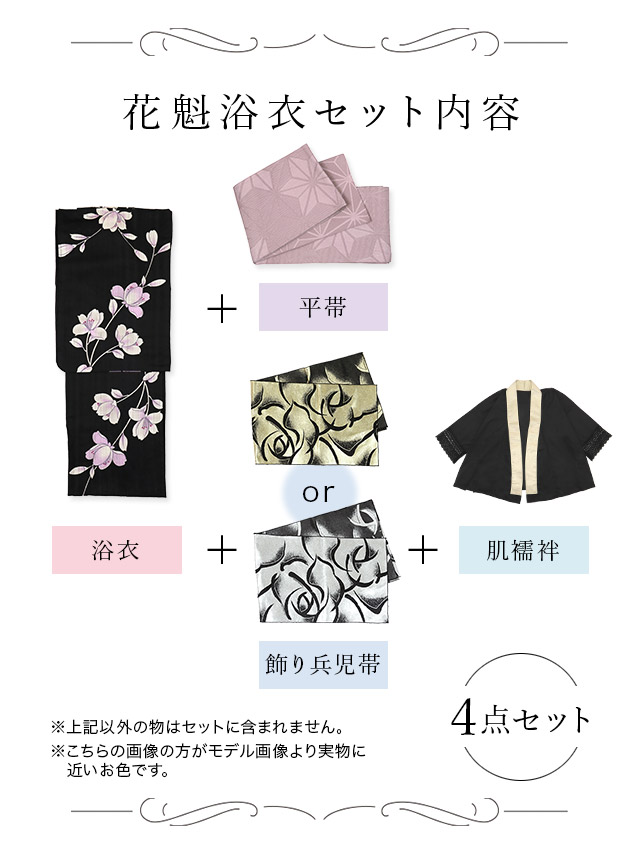 花魁風 黒色×紫アヤメ柄花魁ゆかた5点SETのセット内容表