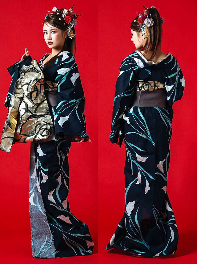【浴衣 濃紺 菖蒲柄 2way 花魁ゆかた5点SETのサイドバック画像1