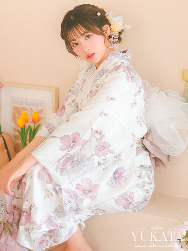 白地 ニュアンス ピンクフラワー ガーリー ゆかた3点SET のイメージ画像1