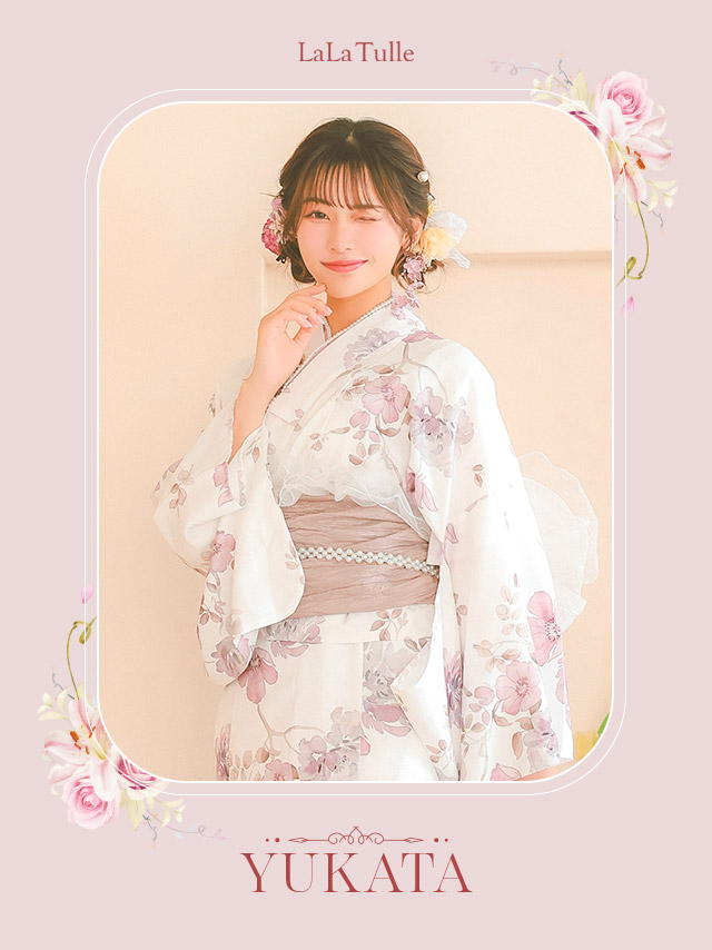 白地 ニュアンス ピンクフラワー ガーリー ゆかた3点SET のイメージ画像2