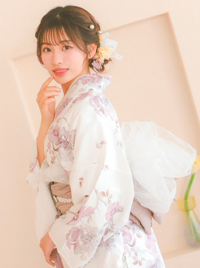 白地 ニュアンス ピンクフラワー ガーリー ゆかた3点SET のイメージ画像5