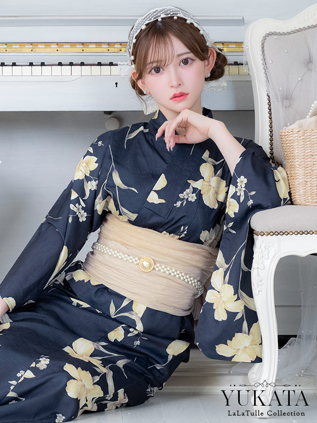 ワンピース浴衣 2way 紺地 百合柄 アンティーク調 3点SET のイメージ画像1