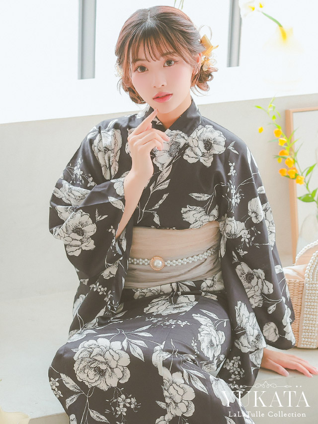 ワンピース浴衣 黒地 モノトーン フラワー ガーリー ゆかた3点SETのイメージ画像1