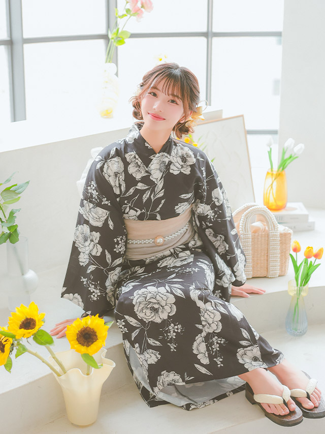 ワンピース浴衣 黒地 モノトーン フラワー ガーリー ゆかた3点SETのイメージ画像5