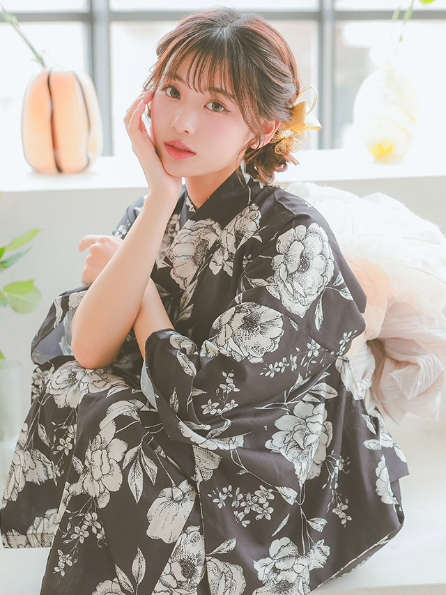 ワンピース浴衣 黒地 モノトーン フラワー ガーリー ゆかた3点SETのイメージ画像6