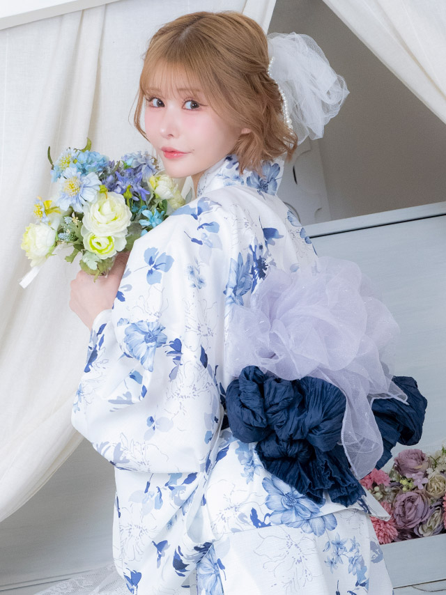 ワンピース浴衣 2way 2way 白地 ニュアンス ブルーフラワー ガーリー 3点SETのイメージ画像5