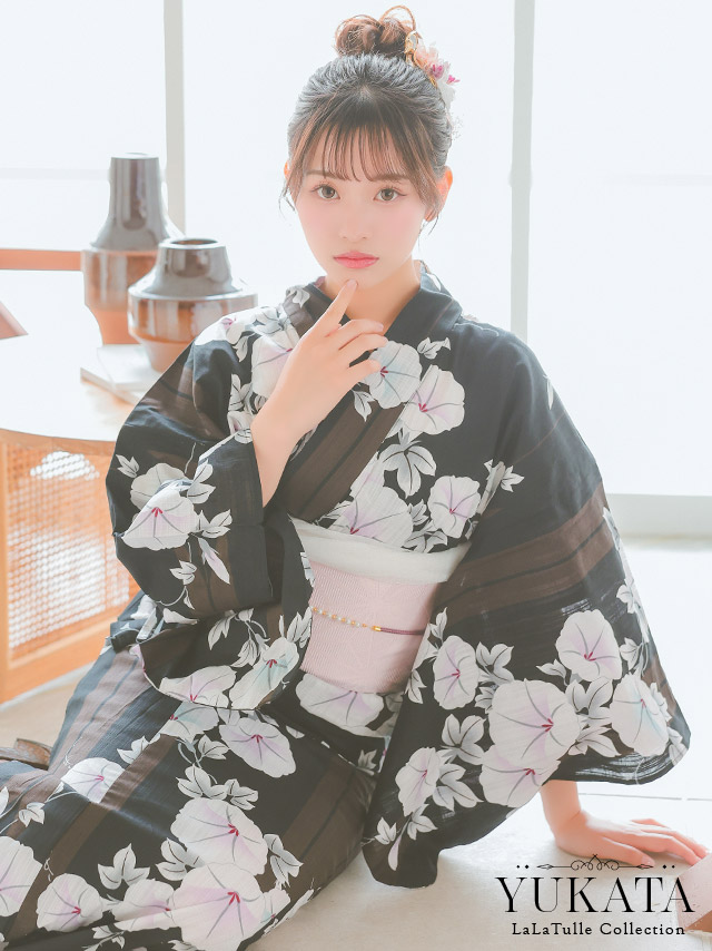 浴衣 黒色 朝顔柄 ゆかた3点SETのメイン画像