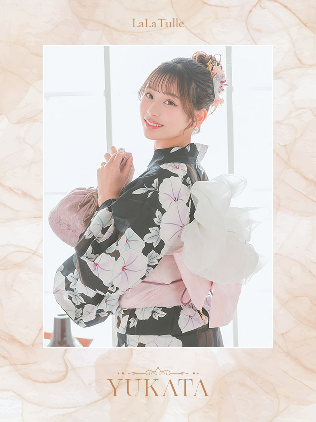 浴衣 黒色 朝顔柄 ゆかた3点SETのイメージ画像1