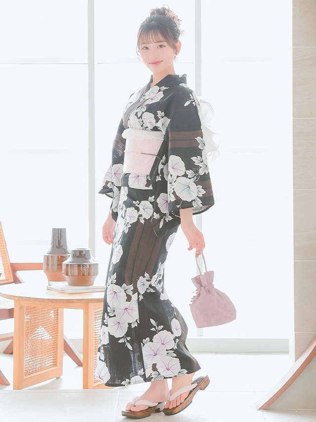 浴衣 黒色 朝顔柄 ゆかた3点SETのイメージ画像3