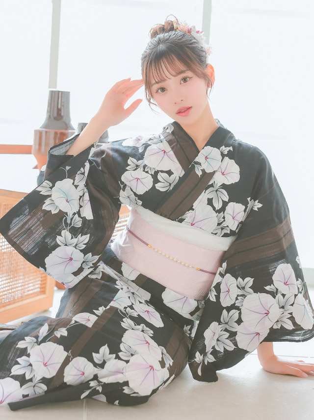 浴衣 黒色 朝顔柄 ゆかた3点SETのイメージ画像4