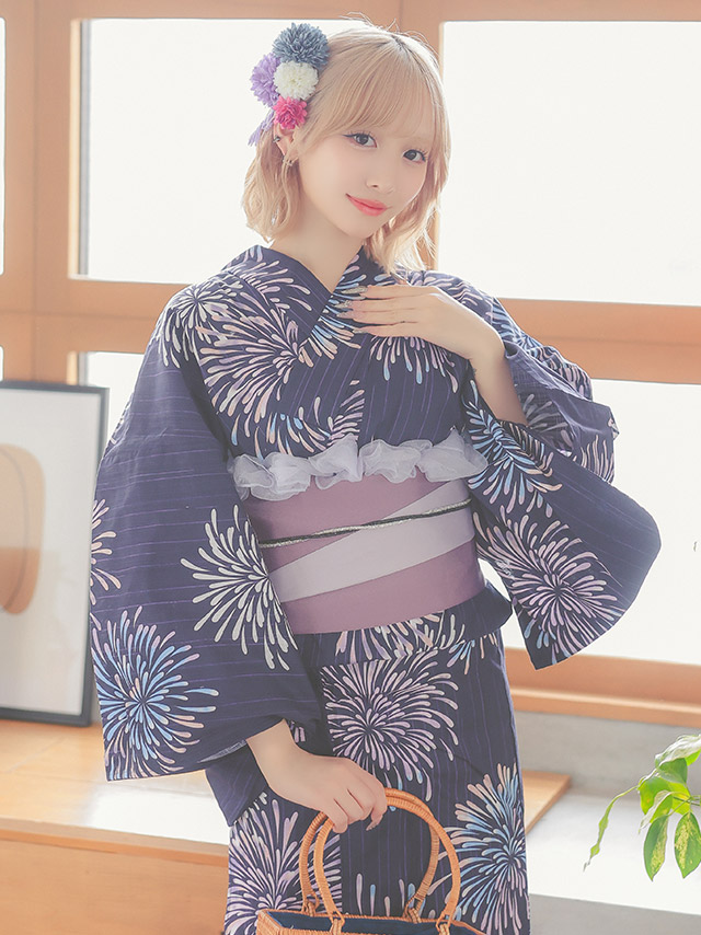 紺地 ピンクグラデーション花火 ゆかた3点SET [浴衣+平帯or作り帯+下駄]