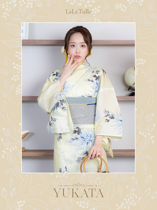 クリーム地 ブルー 水彩 菊 レトロ ゆかた3点SETのイメージ画像2